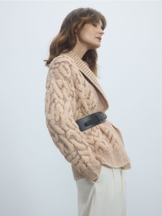 Kardigan z paskiem - kremowy