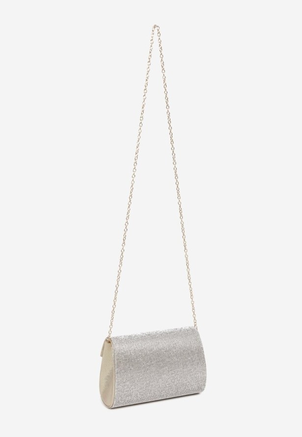 Złota Kopertówka Torebka Jednokomorowa z Metalowym Łańcuszkiem Zdobiona Cyrkoniami Tiamasia