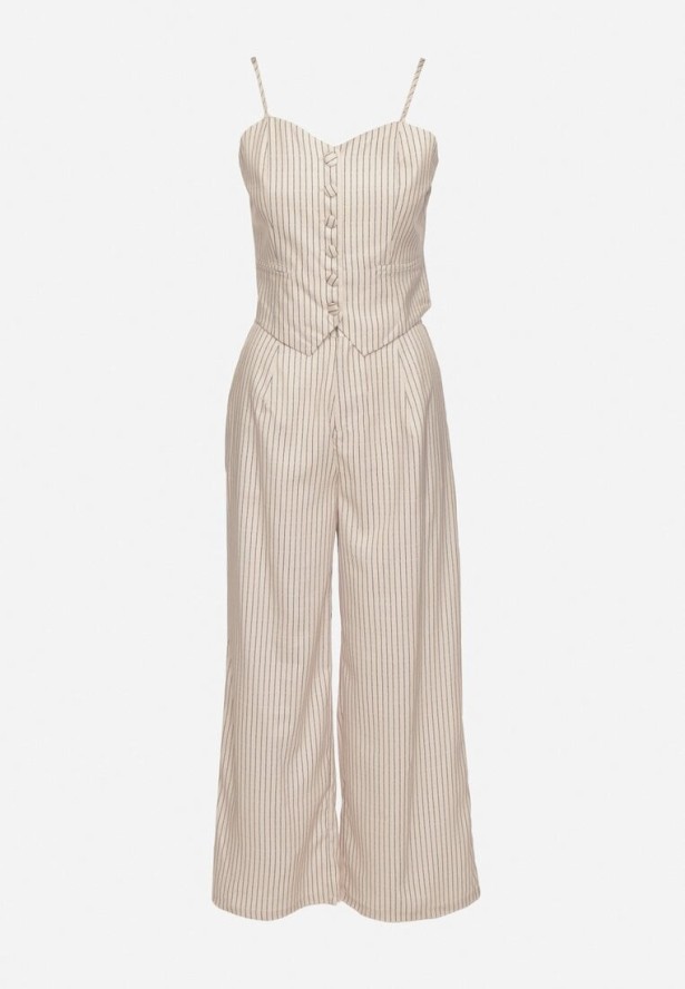 Beżowy Wiskozowy Komplet w Pionowe Paski Szerokie Spodnie i Top Firtebia