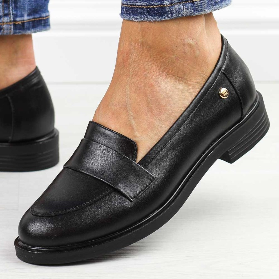 Czarne skórzane Polskie mokasyny damskie Deoni D610