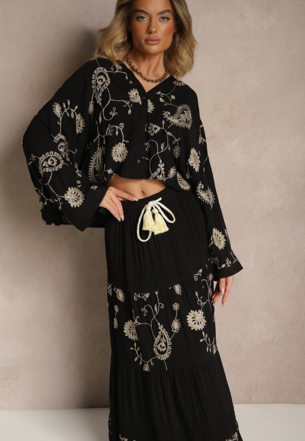 Czarny Wiskozowy Komplet Boho z Koszulą o Nietoperzowym Kroju i Spódnicą Separia