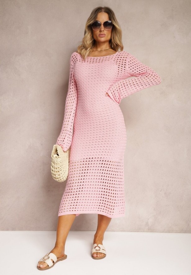 Różowa Sukienka Dzianinowa Midi w stylu Boho z Głębokim Dekoltem na Plecach Moralie