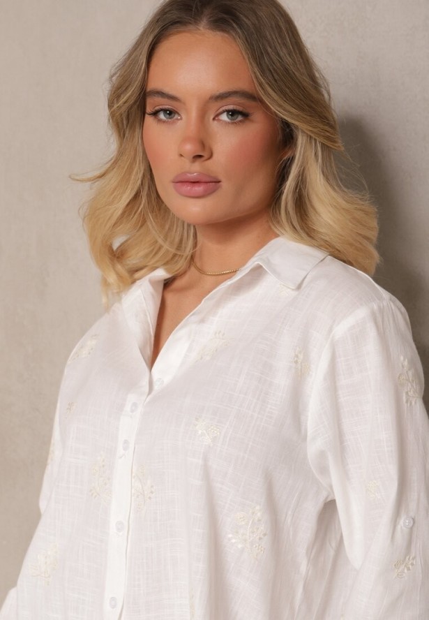 Biała Koszula z Bawełny z Regulacją przy Rękawach Dorione