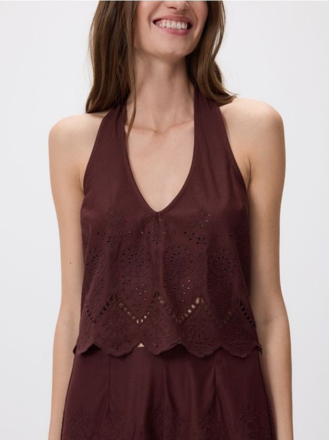 Ażurowy top z wiązaniem - brązowy