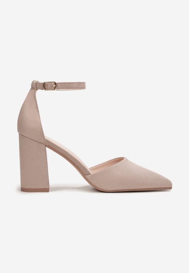 Ciemnobeżowe Czółenka na Słupkowym Obcasie ze Sprzączką Alexus