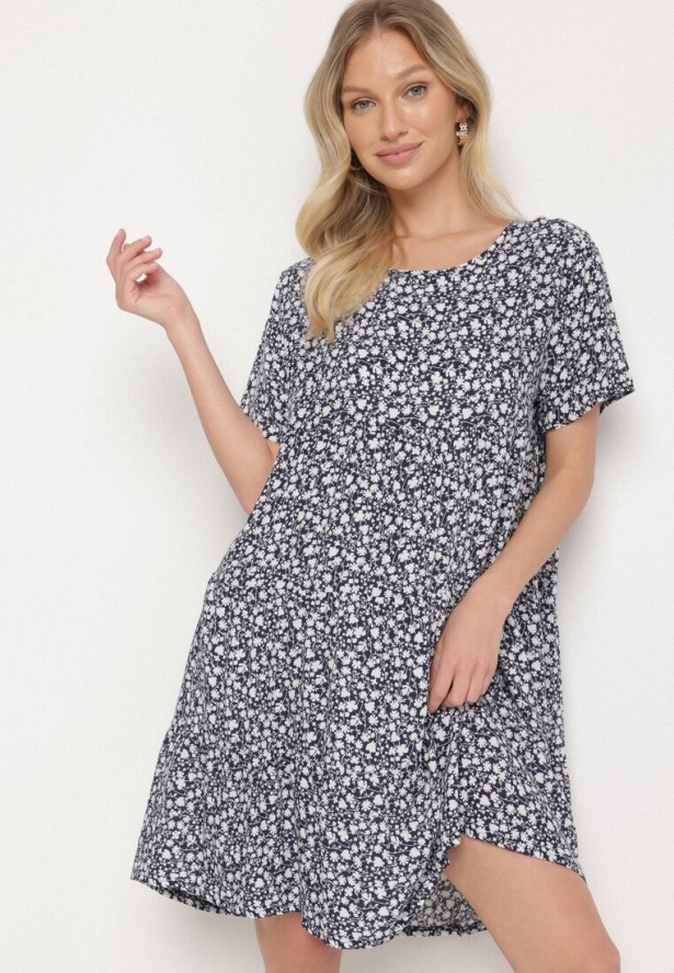 Niebieska Sukienka z Bawełną w Kwiatowy Wzór Lunasenia