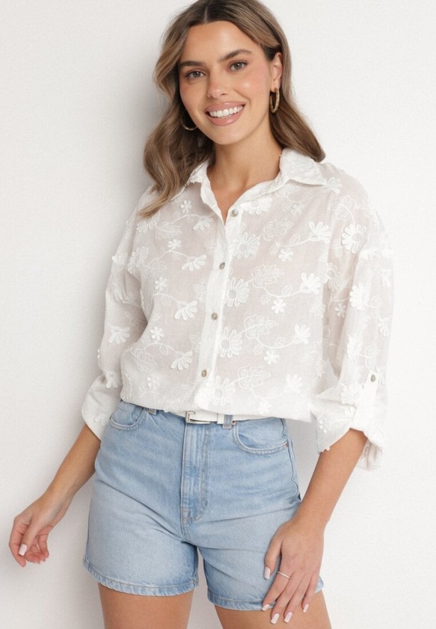 Biała Koszula Oversize z Bawełny Zdobiona Kwiatowym Haftem Reinoviel