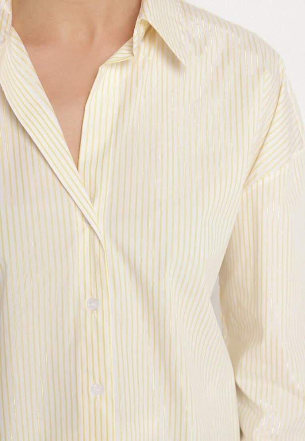 Żółta Bawełniana Koszula Oversize w Prążki Zdobiona Metaliczną Nicią Paserella
