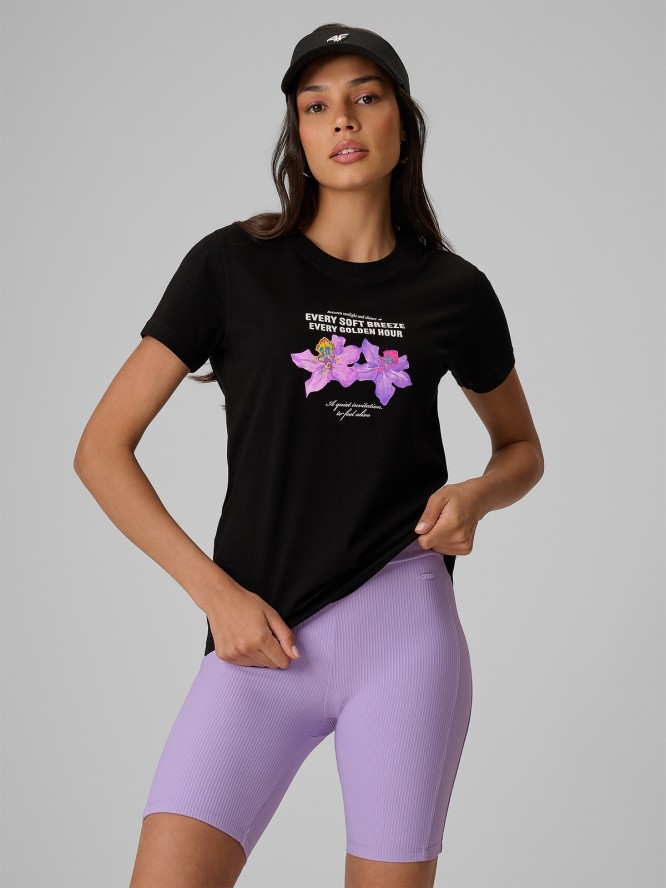 4F T-shirt regular z nadrukiem damski - czarny XS