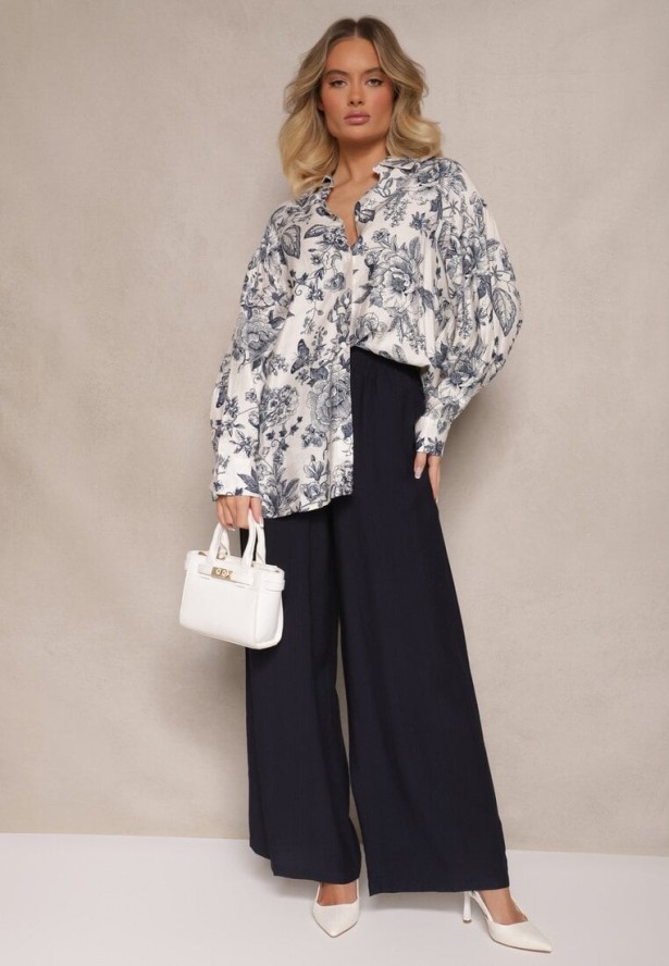 Granatowy Komplet z Wiskozy Koszula w Kwiatowy Wzór i Szerokie Spodnie Hanelorin