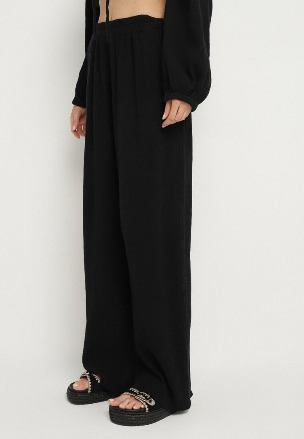 Czarny Bawełniany Komplet Bluzka z Wiązaniem i Spodnie Palionis