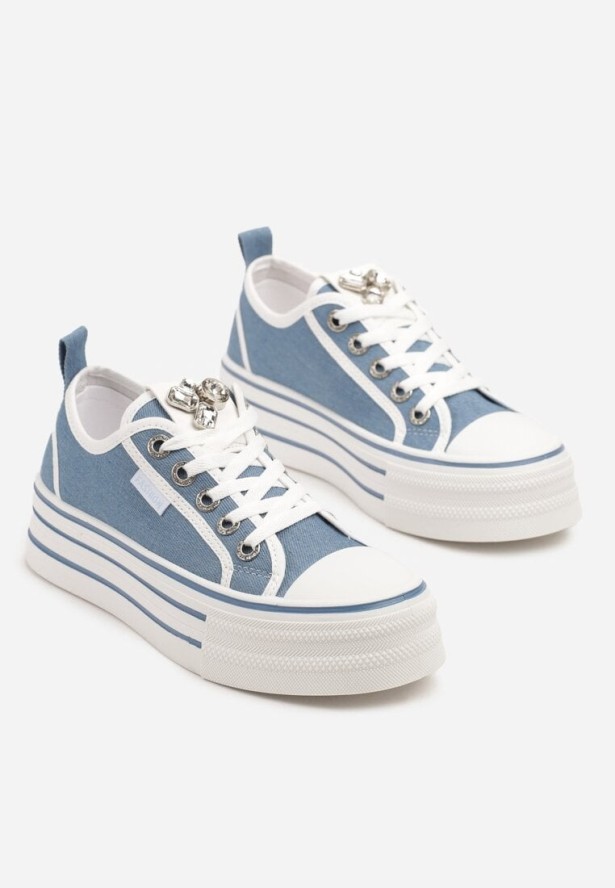 Niebieskie Trampki na Grubej Podeszwie z Aplikacją z Cyrkoniami Galtewin