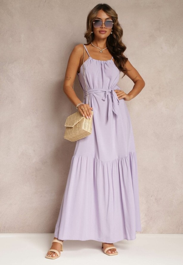 Fioletowa Rozkloszowana Sukienka na Ramiączkach z Wiązanym Paskiem Diadite