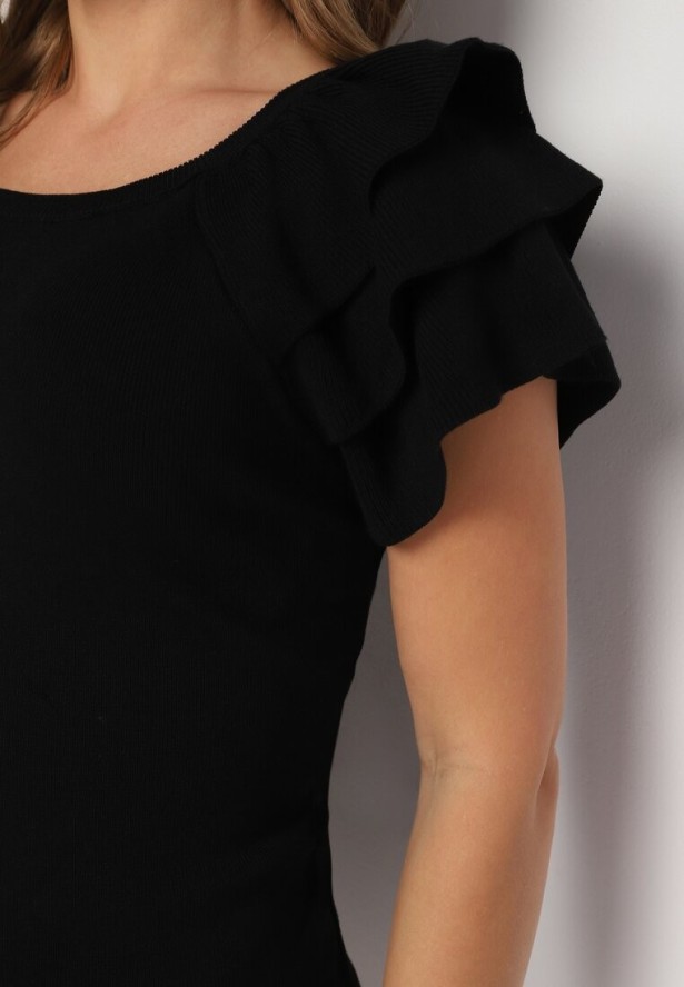 Czarna Bluzka z Falbankowymi Rękawami i Broszką z Cyrkonii Julietts