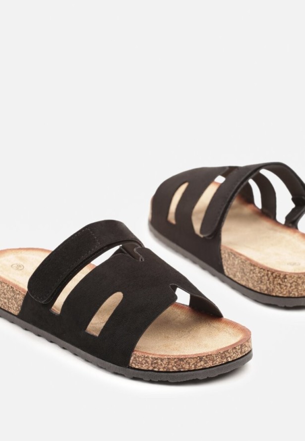 Czarne Klapki na Płaskiej Podeszwie z Geometrycznymi Paskami z Ekozamszu Galanela