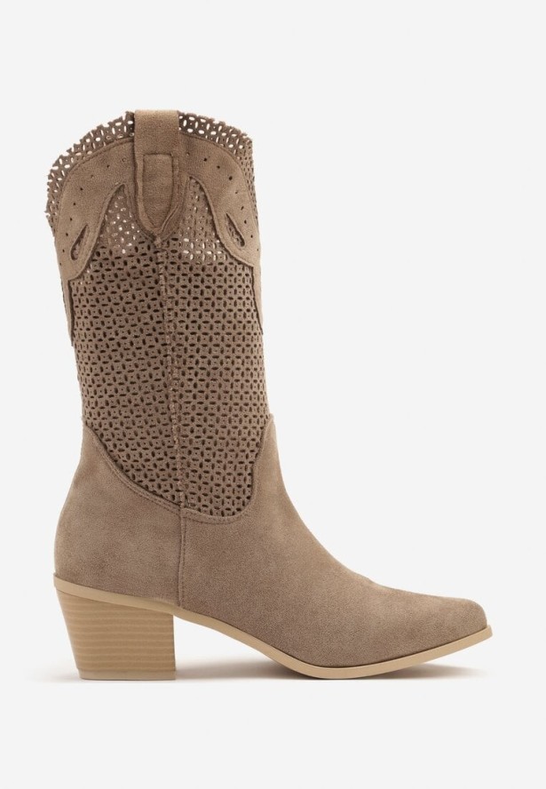 Ciemnobeżowe Ażurowe Botki na Obcasie w Stylu Kowbojek Felorwen