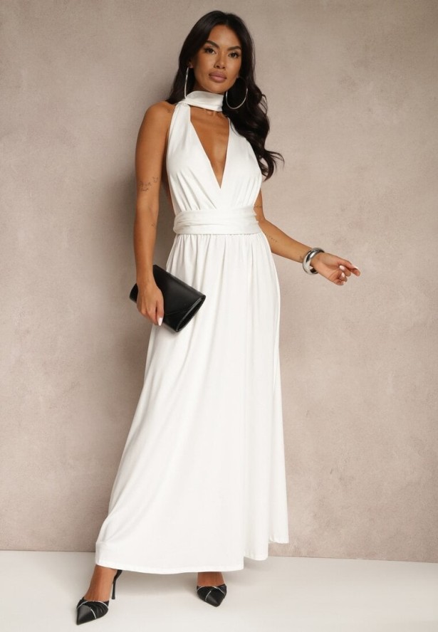 Biała Sukienka Koktajlowa Multiway z Wiskozą Wiązana na Szyi Lilovea