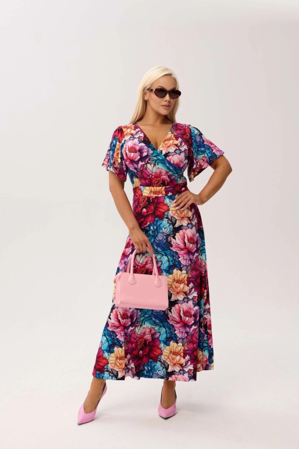 Sukienka kopertowa Valencia Peony MAXI z falującym rękawem i kobiecym dekoltem PLUS SIZE OVERSIZE WIOSNA LATO