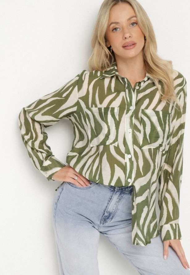 Zielona Klasyczna Koszula w Zebrę z Przezroczystej Tkaniny z Wiskozy Bovianne