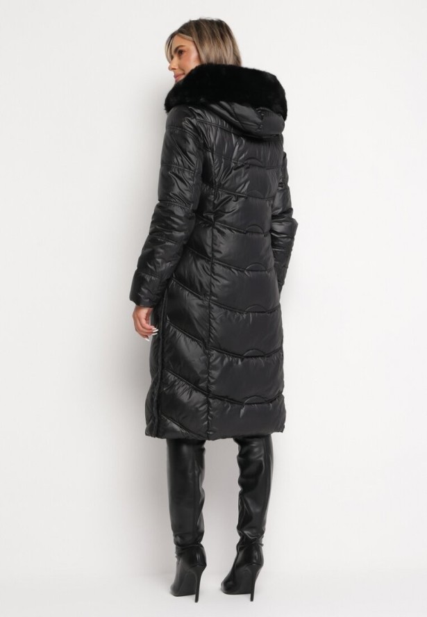 Czarna Pikowana Kurtka Płaszcz za Kolano z Kapturem i Futerkiem Naelora