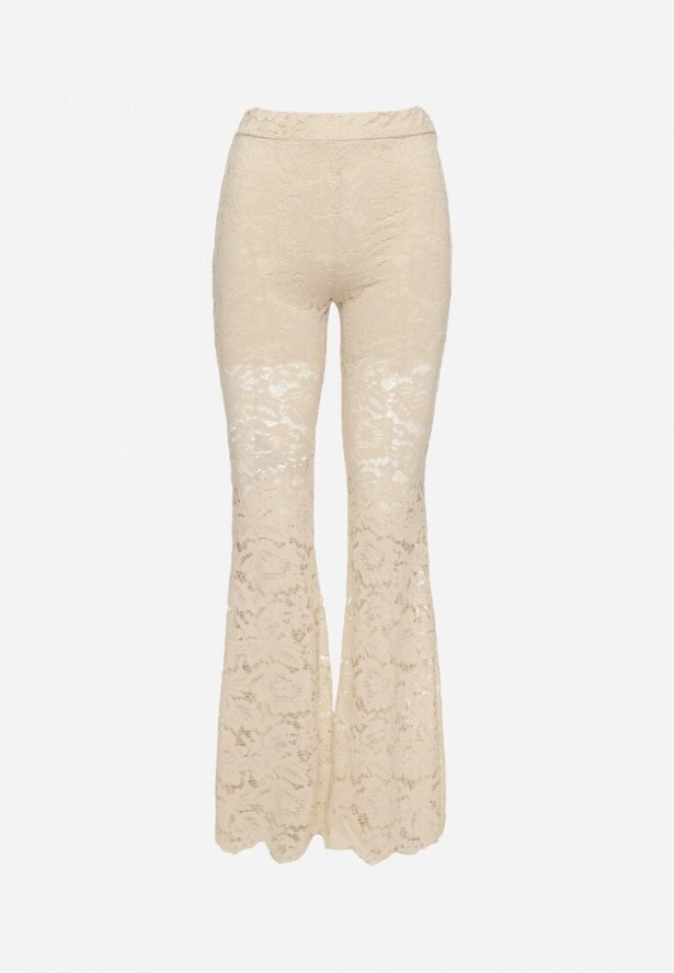 Beżowe Spodnie Koronkowe o Fasonie Dzwonów Vortiga