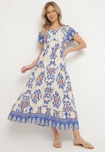 Niebieska Wiskozowa Sukienka z Geometrycznym Wzorem Cleanna