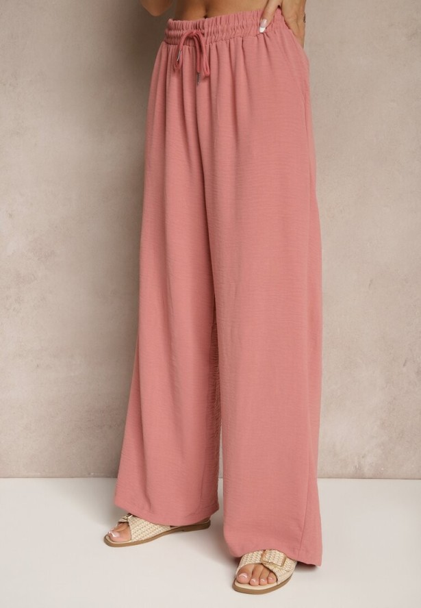 Ciemnoróżowy Komplet Bluzka i Luźne Spodnie z Wiskozą i Kieszonkami Efraria