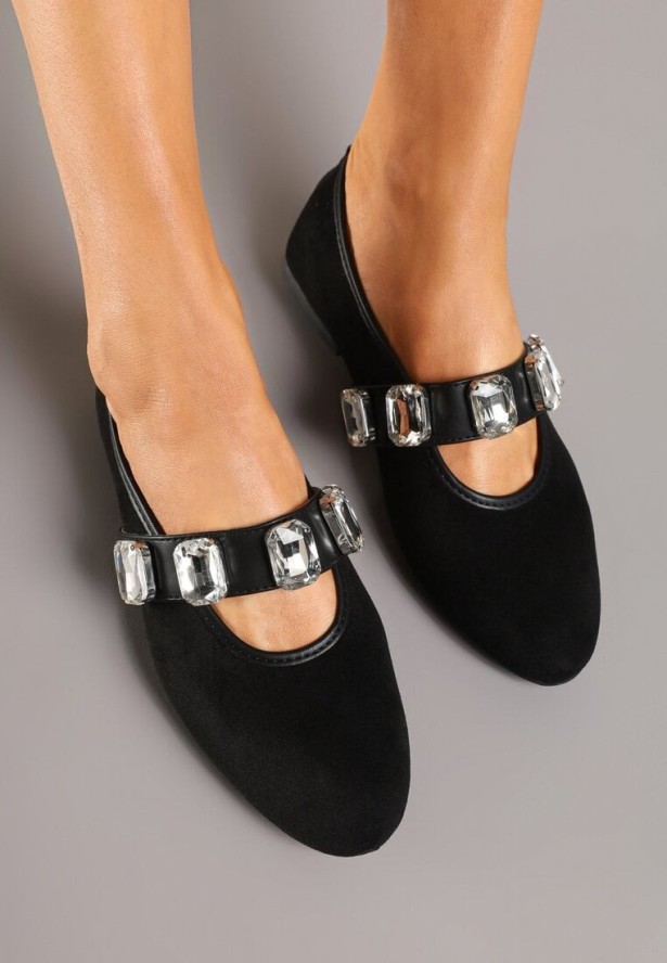 Czarne Balerinki z Elastycznym Paskiem i Aplikacją z Cyrkoniami Jaledia