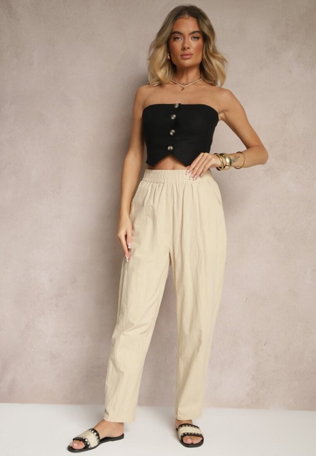 Beżowe Spodnie z Bawełny High Waist Sonirea