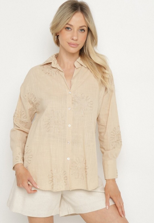 Beżowa Bawełniana Koszula z Lnem Zdobiona Haftem Terkio
