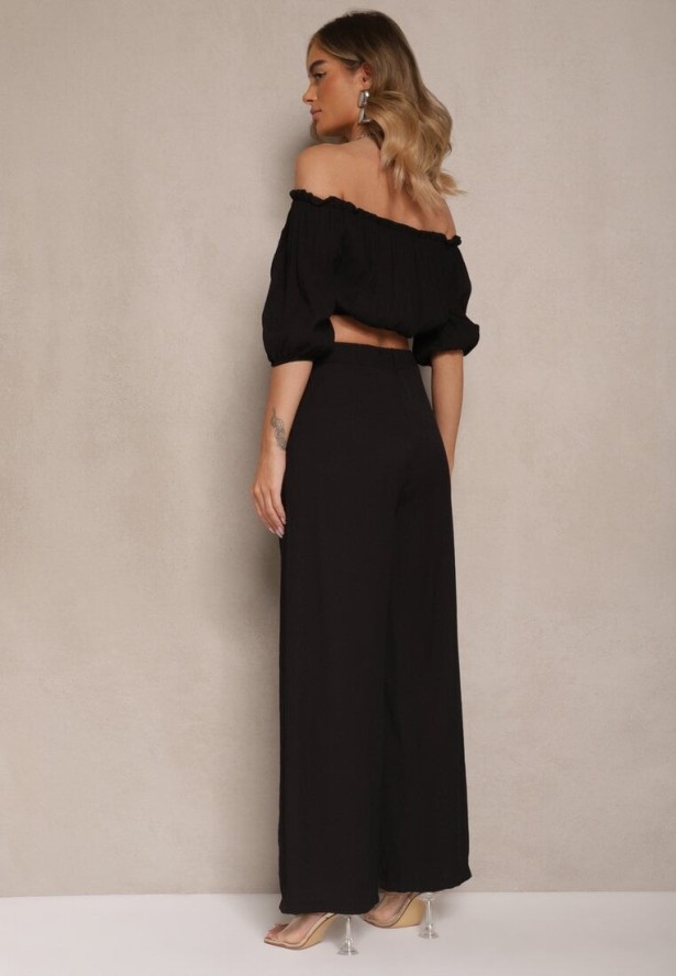 Czarny Komplet Spodnie o Szerokim Kroju i Bufiasta Bluzka Idalisse