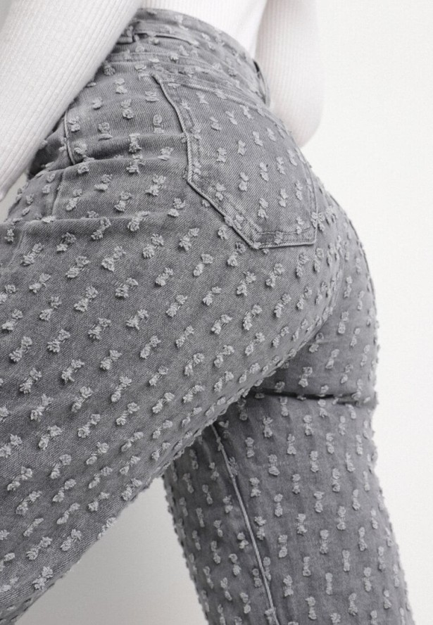 Szare Szerokie Jeansy z Wysokim Stanem Zdobione Tłoczonymi Przetarciami Ulindra