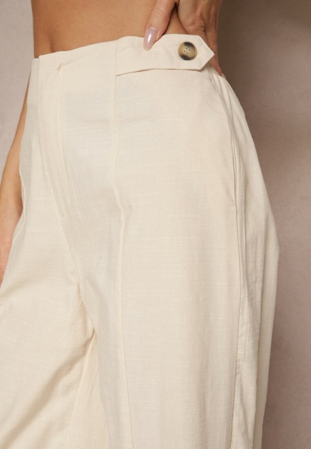 Beżowe Spodnie z Bawełną i Wiskozą o Szerokim Kroju z Imitacją Kieszeni Divlene