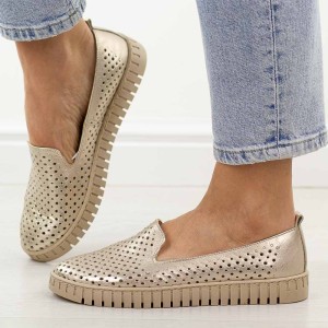 Złote ażurowe skórzane Polskie półbuty damskie Deoni D056