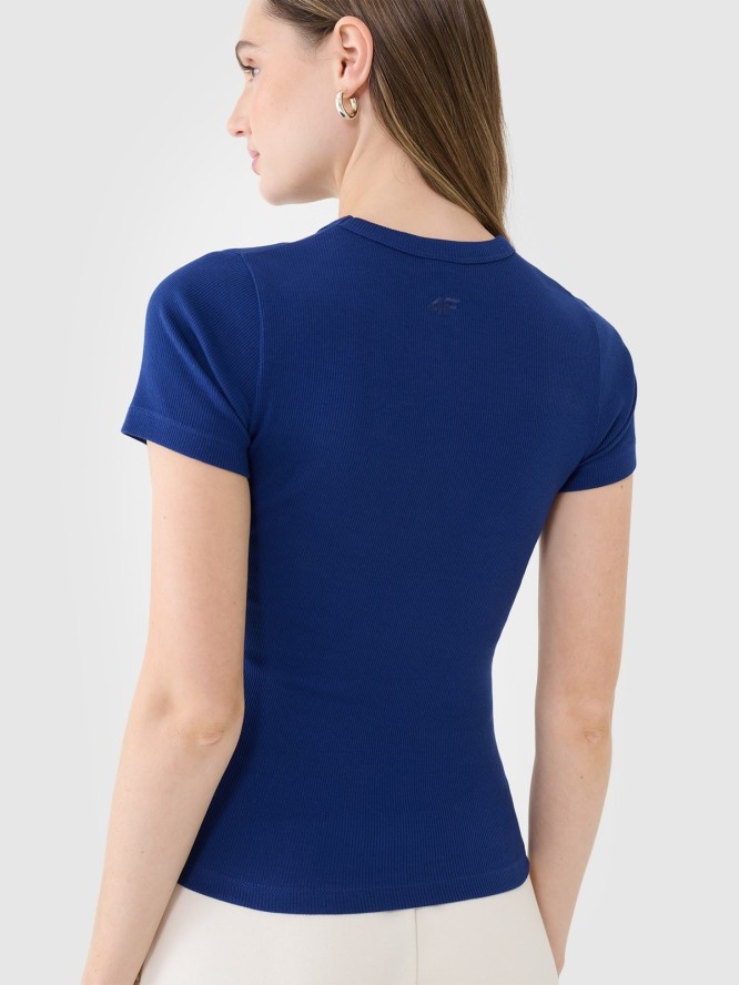 4F T-shirt slim z prążkowanej dzianiny damski - granatowy S