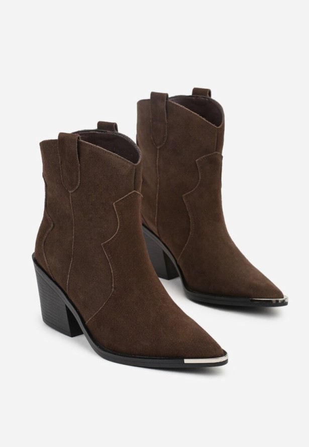 Ciemnobrązowe Botki Kowbojki ze Skóry Naturalnej Zdobione Metalicznym Noskiem Saberra