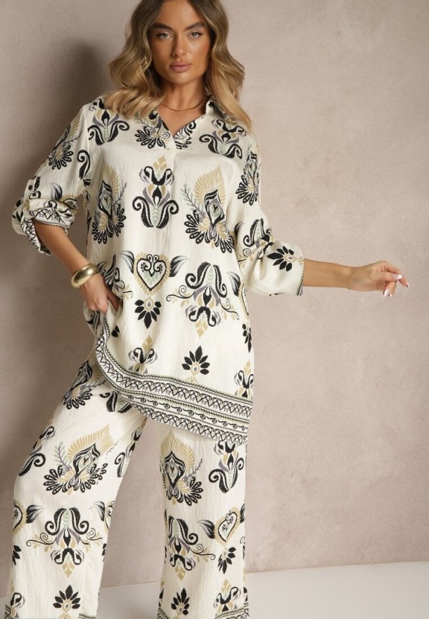 Beżowo-Czarny Komplet z Wiskozą Szerokie Spodnie i Bluzka w Stylu Boho Rinadora