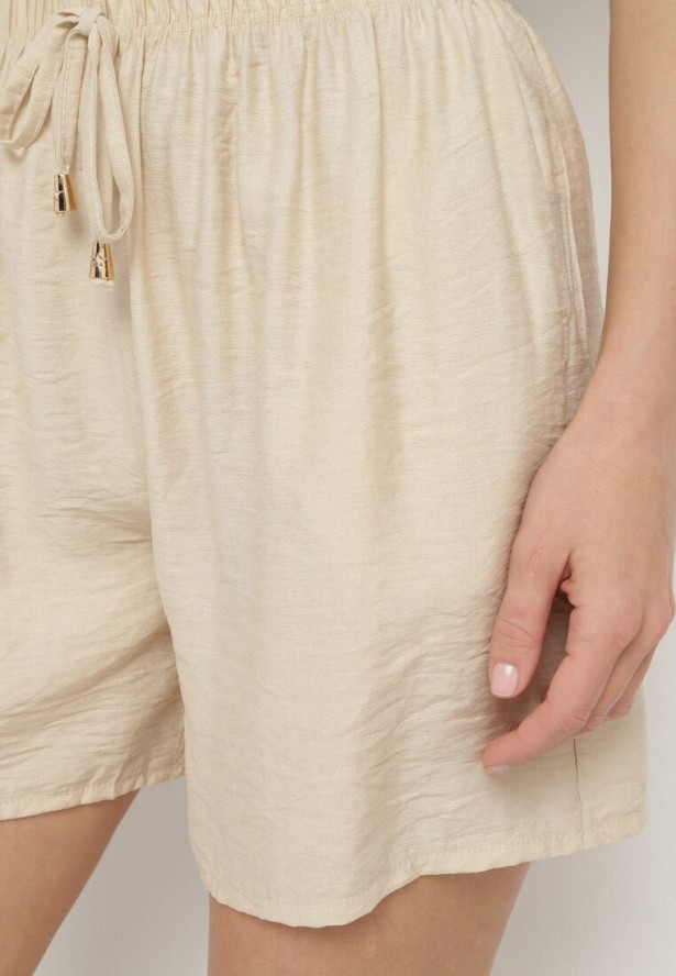 Beżowe Bawełniane Szorty z Wysokim Stanem Ozdobione Wiązaniem Filomira