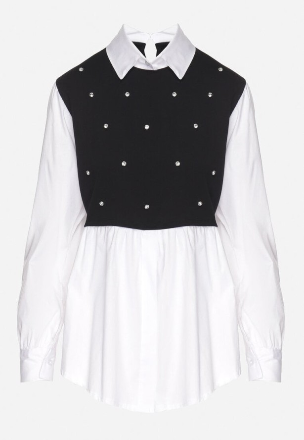 Czarna Rozkloszowana Bluzka Koszulowa z Wiskozą z Wszytą Kamizelką z Cyrkoniami Uliaviela