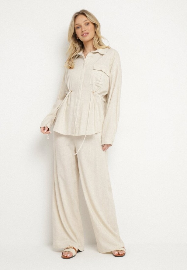 Beżowy Komplet z Wiskozą Koszula Ściągana w Talii i Szerokie Spodnie Divellara