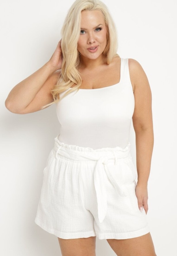Białe Szorty z Bawełny z Gumką w Pasie i Materiałowym Paskiem Melluna