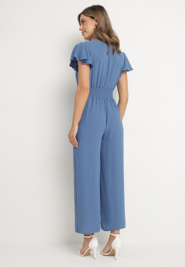 Niebieski Kombinezon z Kopertowym Dekoltem i Szeroką Gumką w Pasie Evimevi
