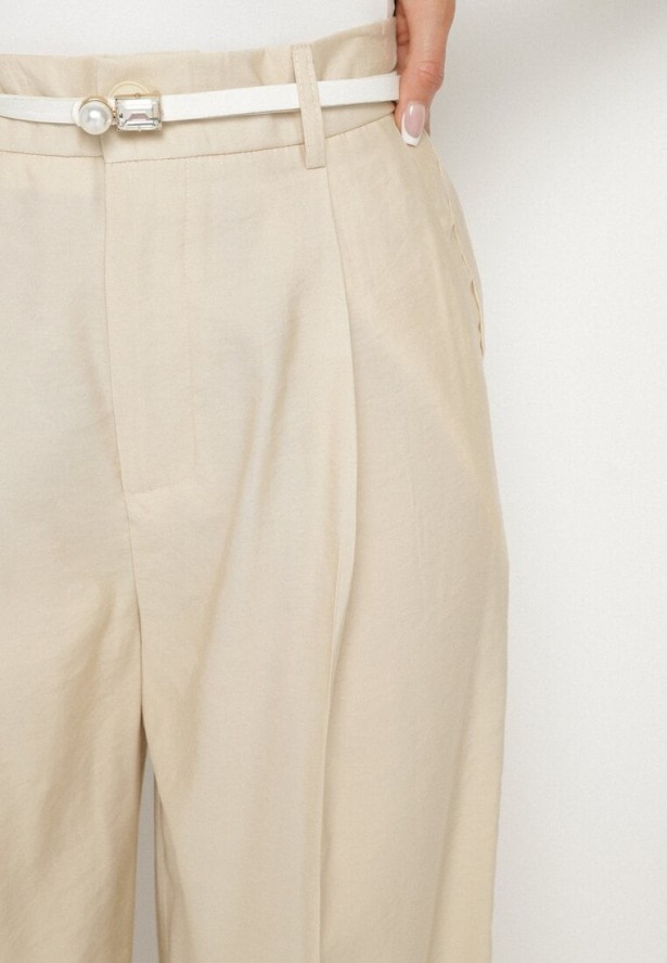 Jasnobeżowe Spodnie o Garniturowym Kroju z Szeroką Nogawką i Wysokim Stanem Efrimera