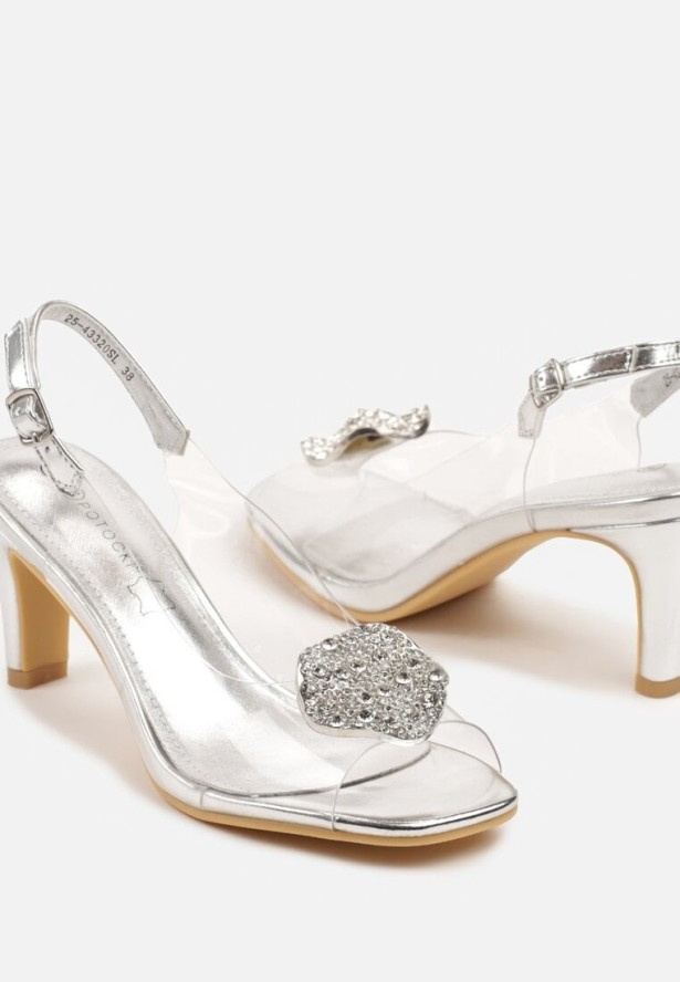Srebrne Transparentne Sandały na Obcasie Zdobione Aplikacją z Cyrkoniami Lavreia