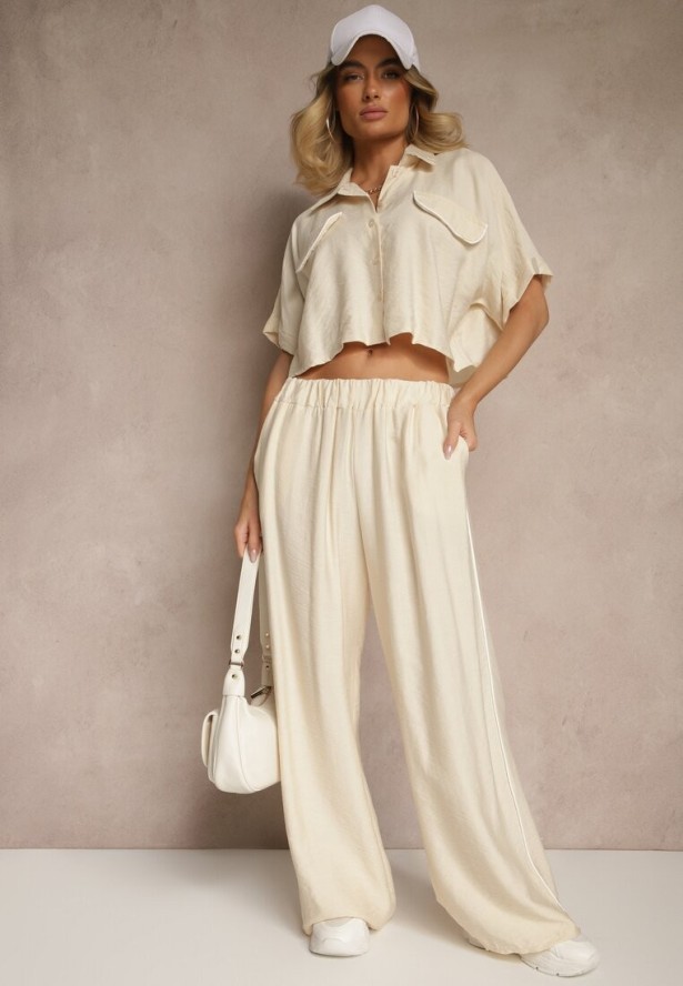 Jasnobeżowy Komplet z Wiskozy Koszula o Krótkim Kroju i Szerokie Spodnie Daviriana