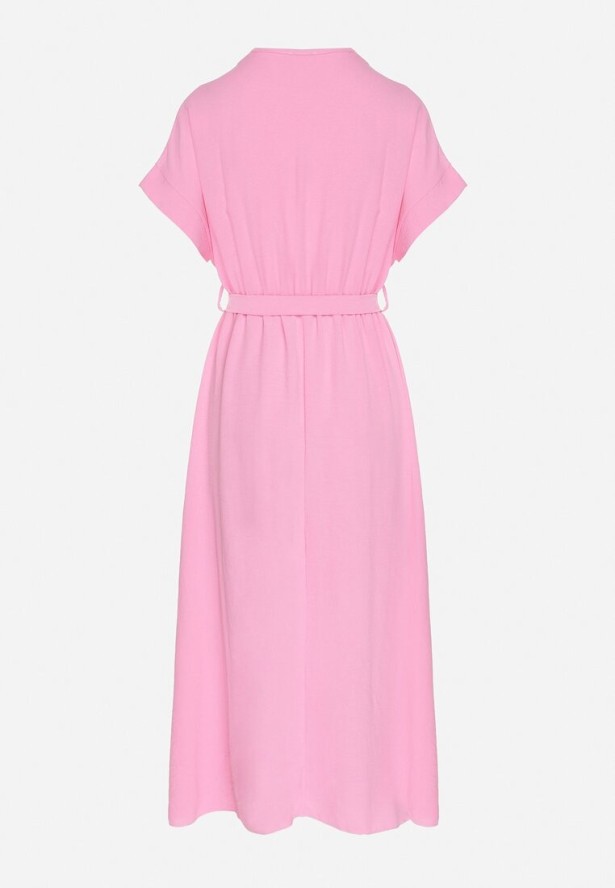 Różowa Sukienka o Rozkloszowanym Kroju z Wiązanym Paskiem Sepelina