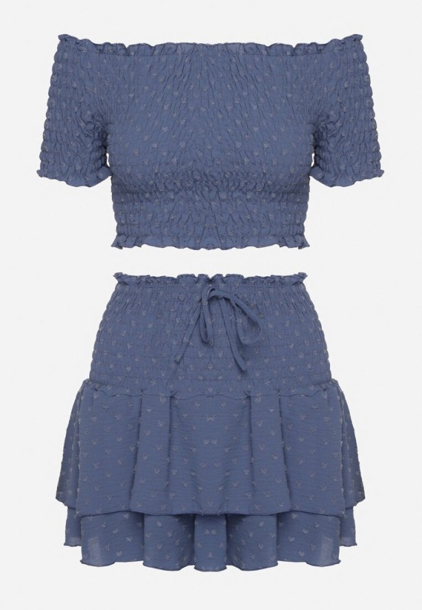 Niebieski Komplet Top w Stylu Hiszpanki i Spódnico-Szorty z Gumką Quillatta