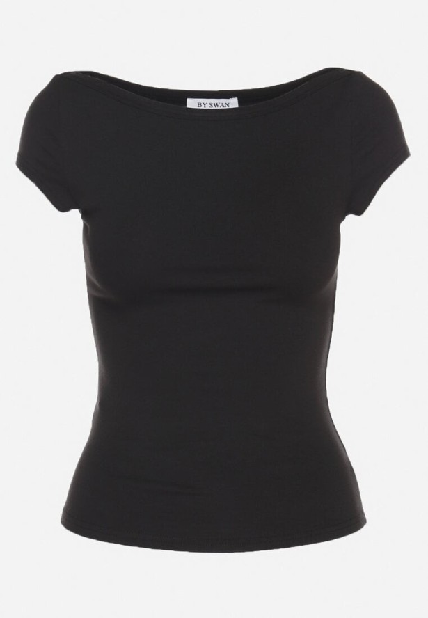 Czarny T-shirt z Bawełny o Dopasowanym Kroju z Dekoltem w Łódkę Galerissa