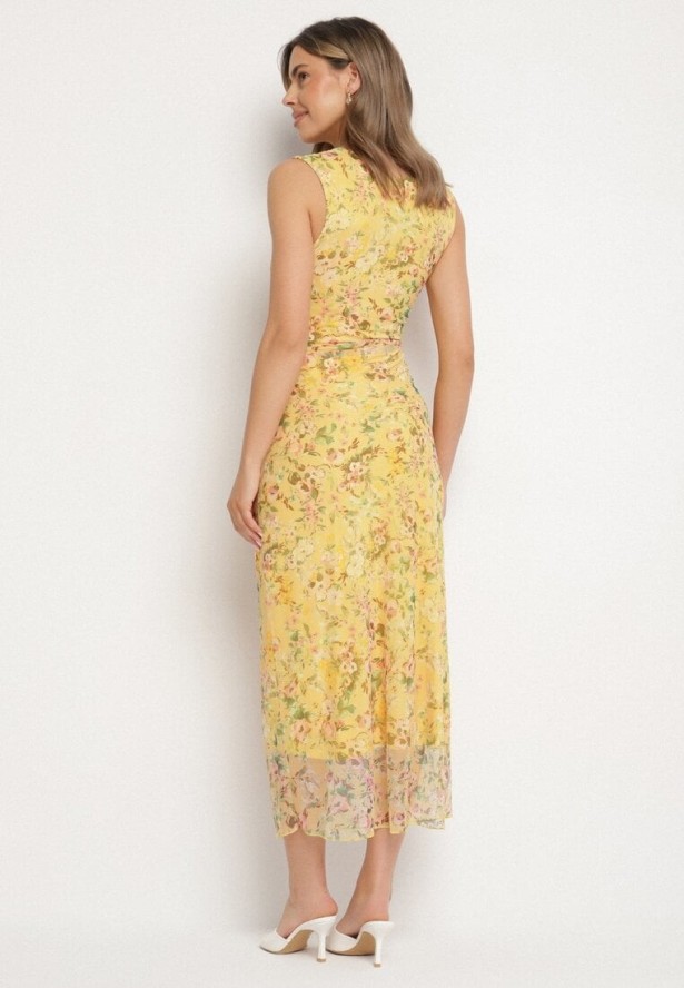 Żółta Koktajlowa Taliowana Sukienka w Kwiaty z Wiskozową Podszewką Lidra