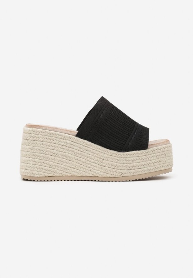 Czarne Klapki na Plecionym Koturnie z Cholewką w Paski Neoviris